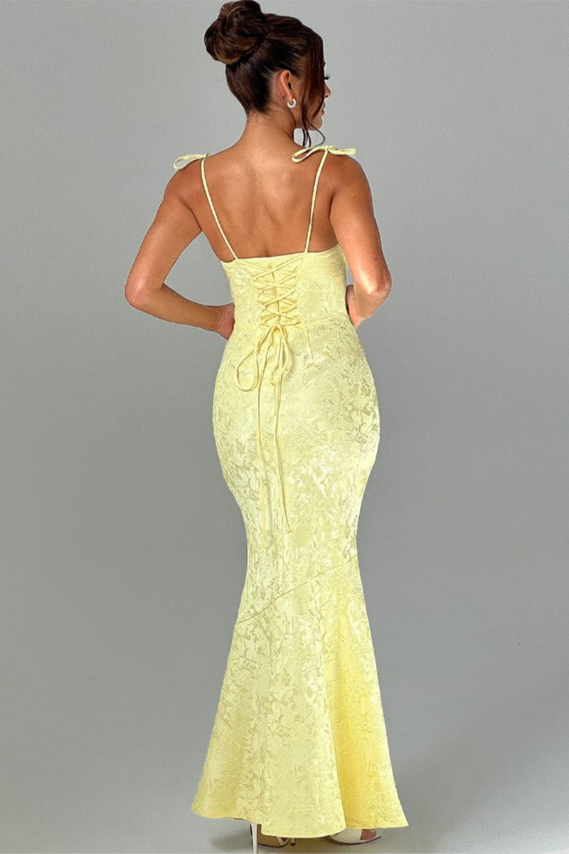 Square Neck Tie Strap Jacquard Mermaid Maxi Dress 3