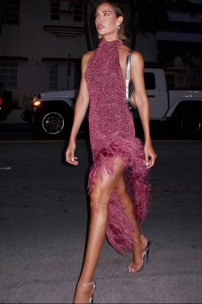 Halter Neck Feather Trim High Low Glitter Maxi Dress