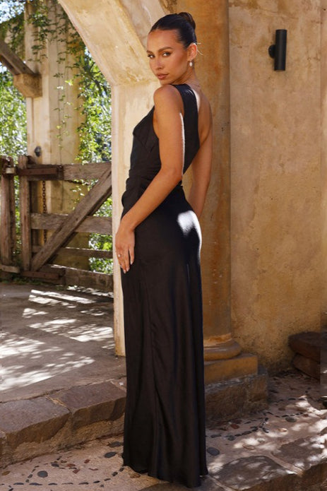 Satin One Shoulder Ruched High Split Slim Maxi Prom Dress - View 4