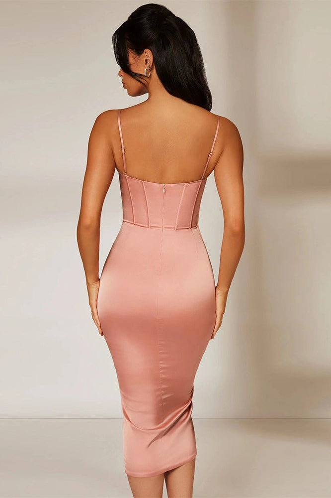 Satin Spaghetti Strap Corset Ruched Wrap Midi Dress - View 5