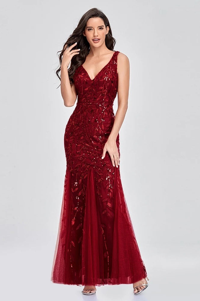 Sequin V-Neck Embroidered Mermaid Maxi Prom Dress - View 8