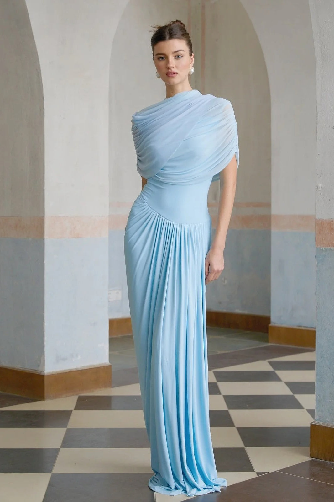 High Neck Draped Ruched Short Sleeve Maxi Gown - View 2