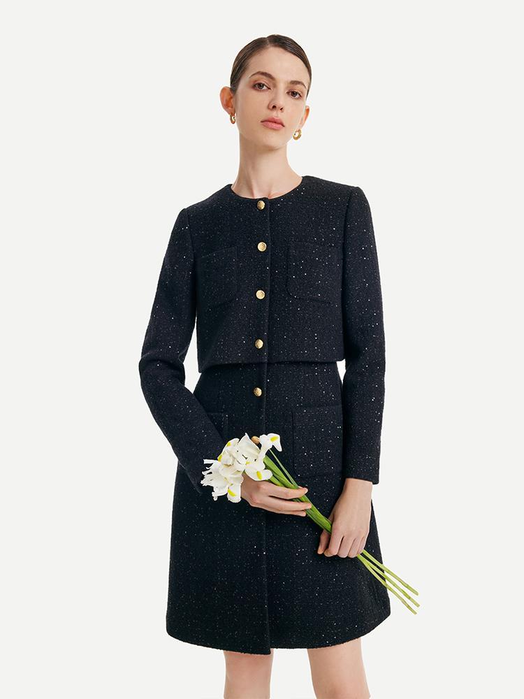 Tweed Collarless Button Front Patch Pocket Long Sleeve Mini Coat Dress - View 8