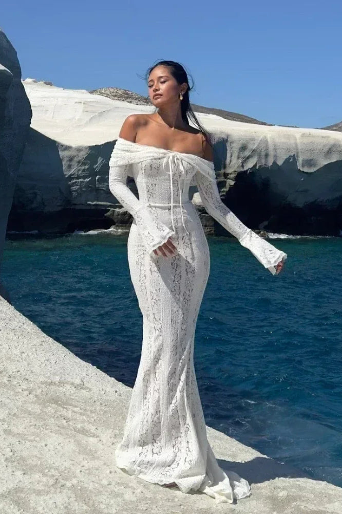 White Off Shoulder Long Sleeve Lace Maxi Dress
