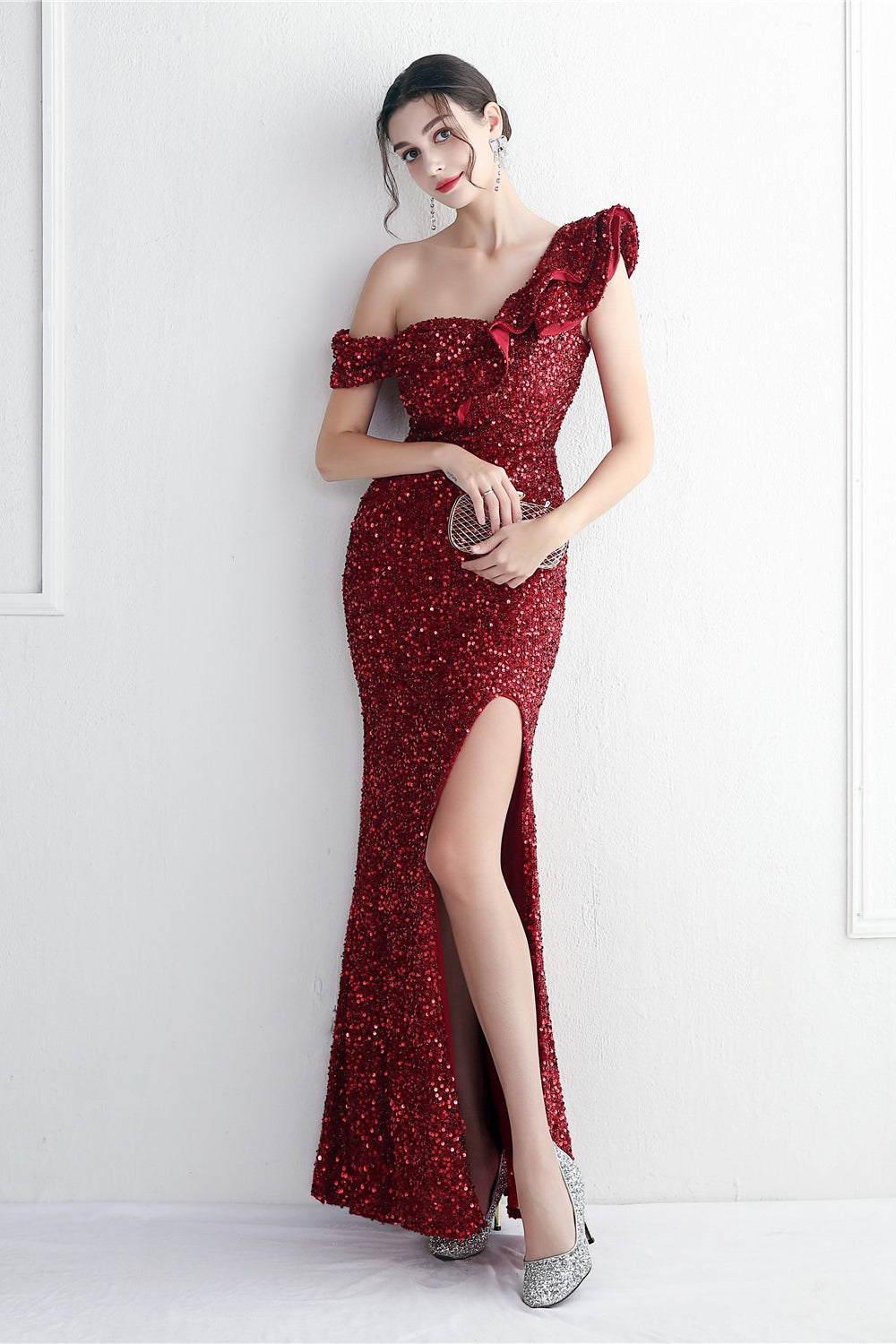Sequin One Shoulder Ruffle High Split Mermaid Gown - View 14