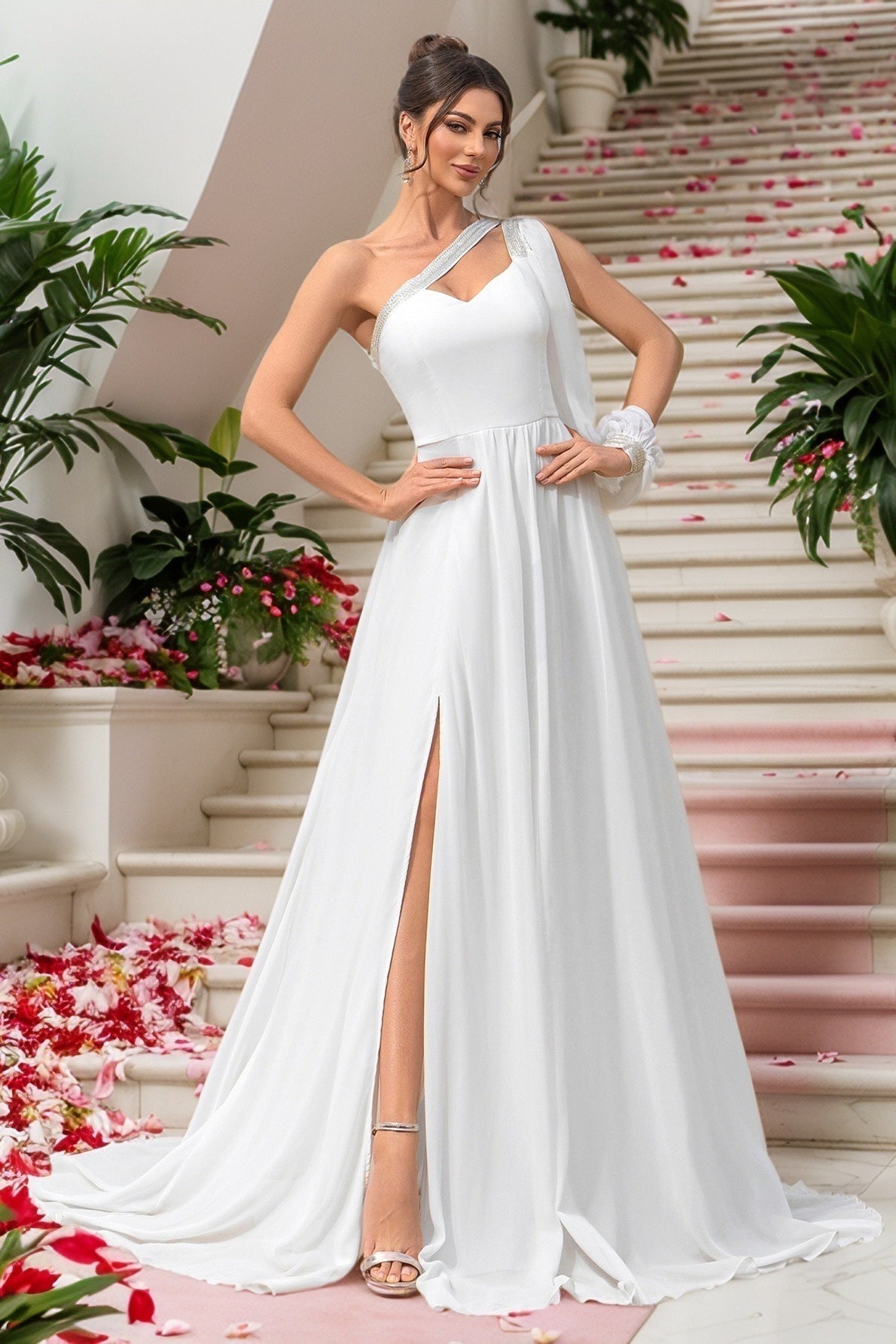 Chiffon One Shoulder Long Sleeve High Split A-Line Prom Dress - View 2