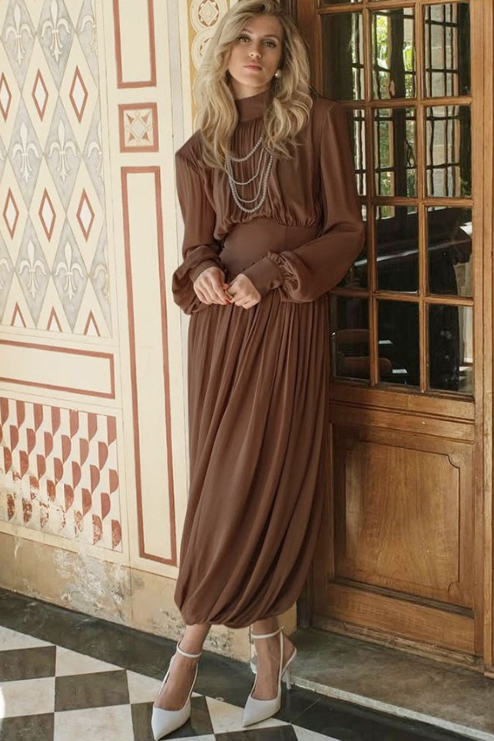 Chiffon Puff Sleeve Ruched Midi Dress