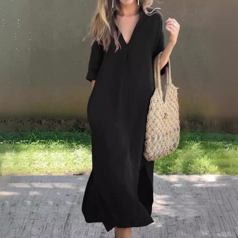Collared V-Neck Short Sleeve High Split Maxi Dress Summer 4