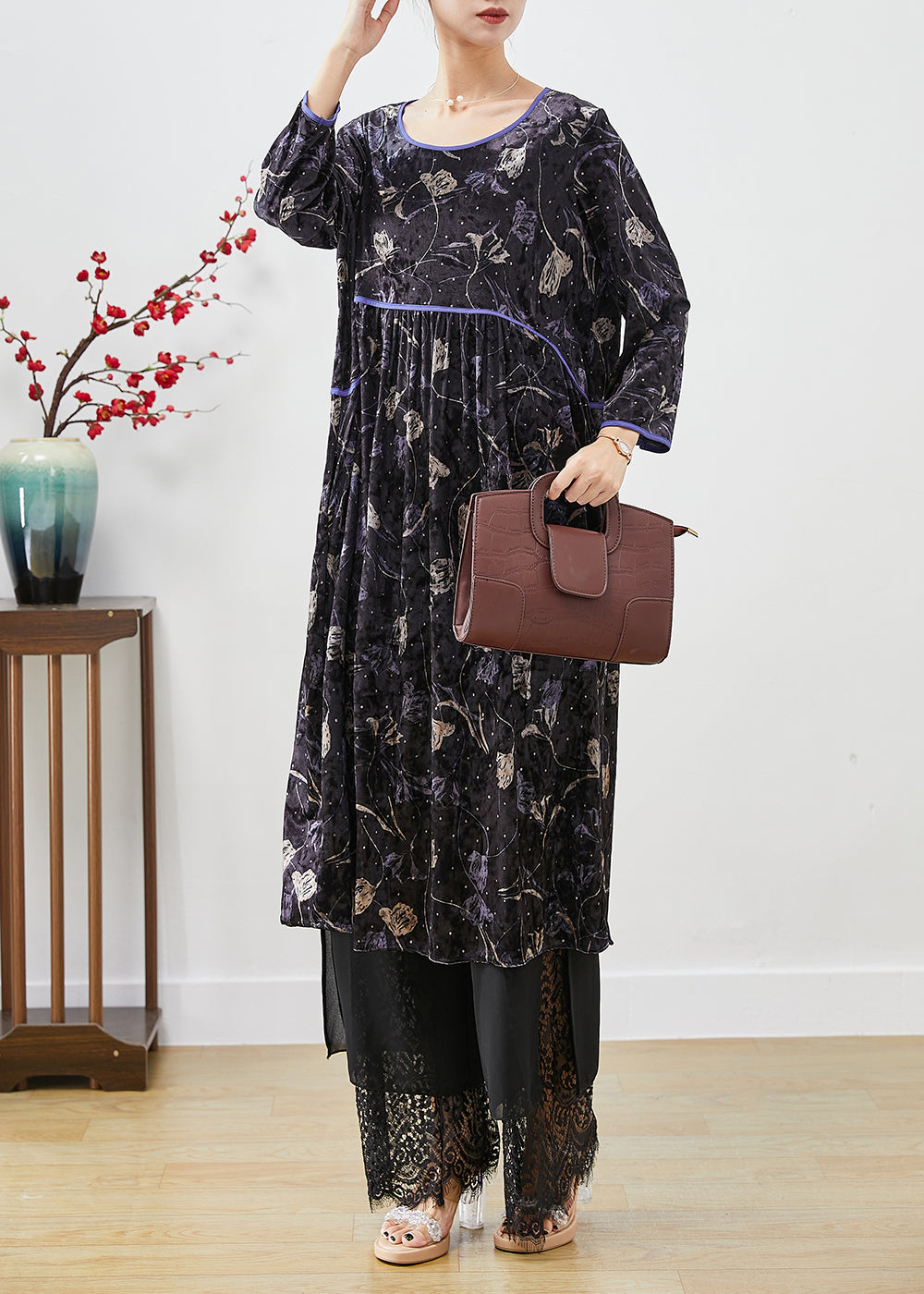 Velvet Floral Print Empire Waist Long Sleeve Lace Hem Set - View 2