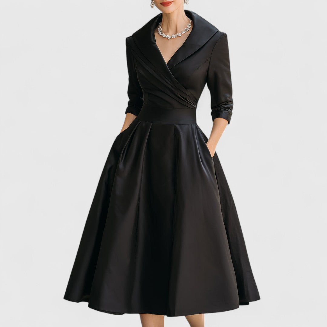 Satin Long Sleeve Pocket Fit and Flare Midi Dress