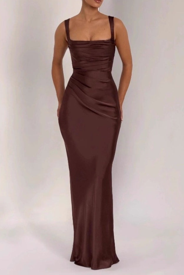 Square Neck Ruched Satin Bodycon Mermaid Dress - View 5