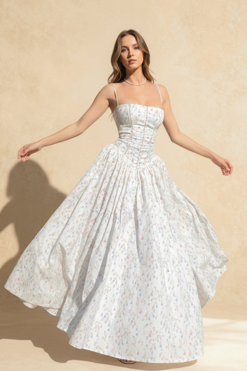 Chiffon Pleated Floral Off Shoulder Maxi Dress