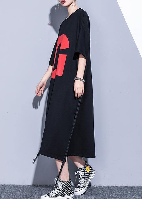 Graphic Letter Crew Neck Short Sleeve Side Slit Midi Dress - View 3