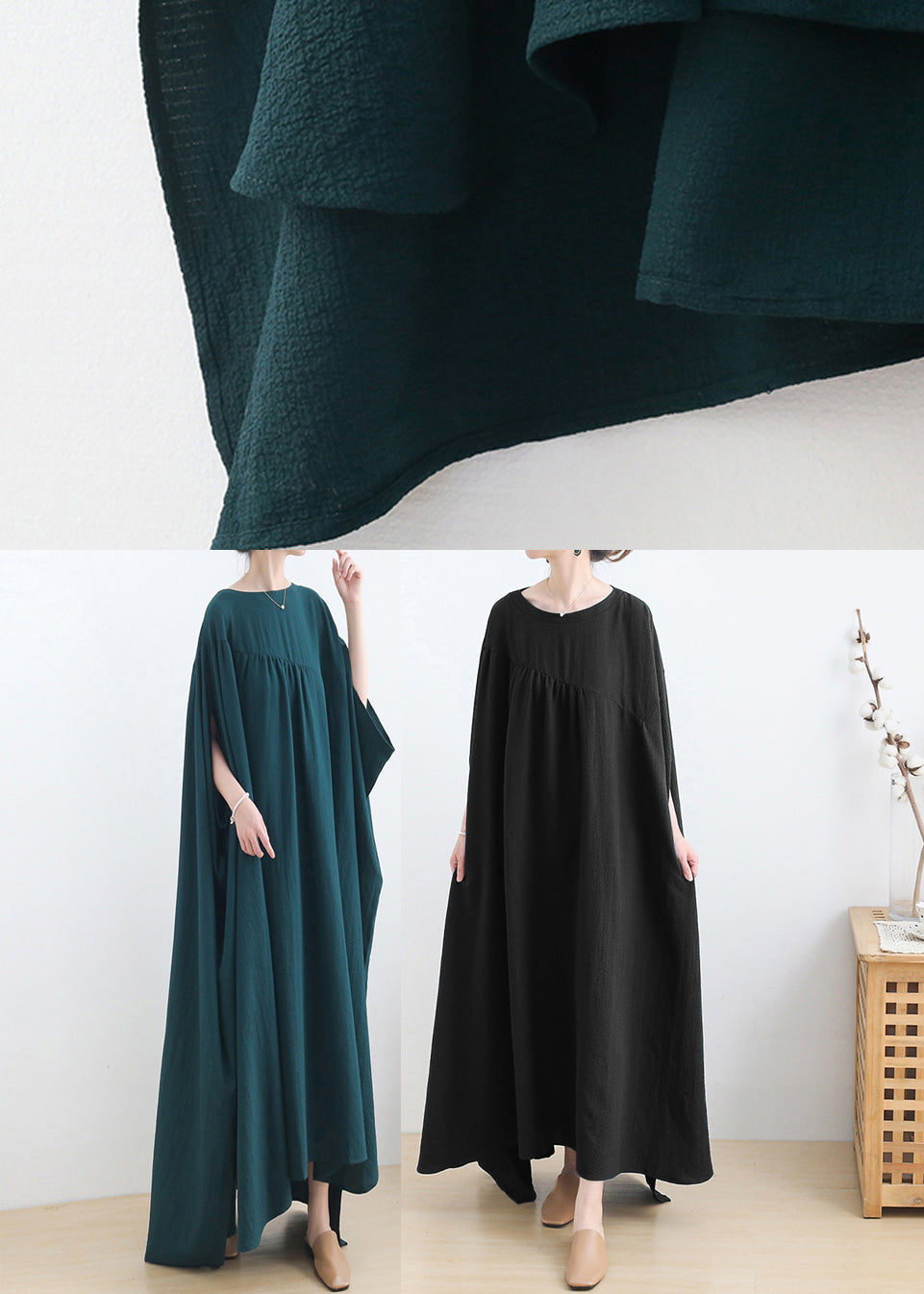 Crew Neck Batwing Sleeve Diagonal Seam Gathered Maxi Dress - View 5