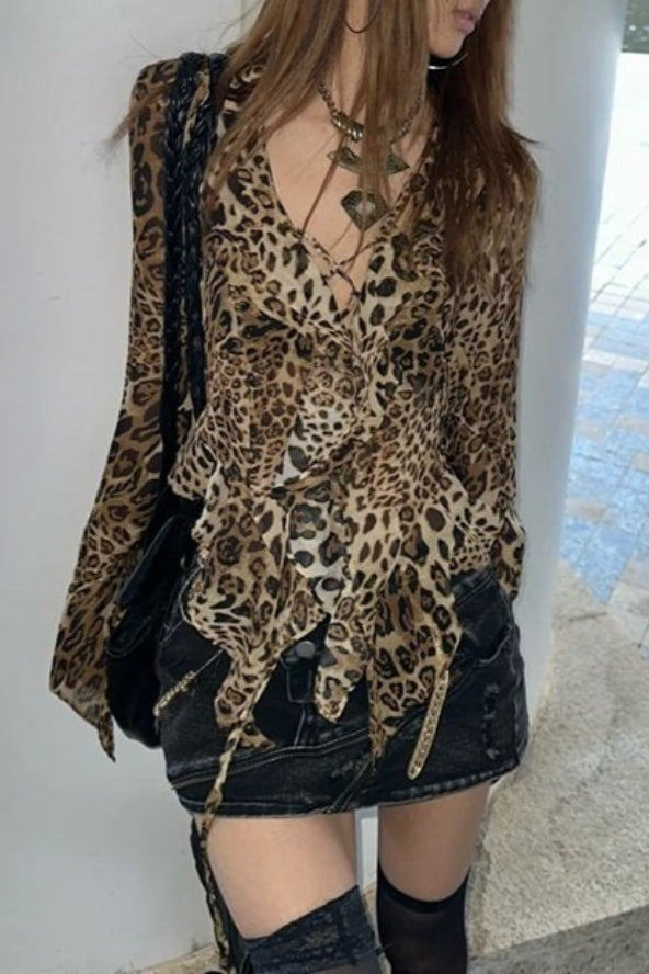Y2K Slim Leopard Print Blouse