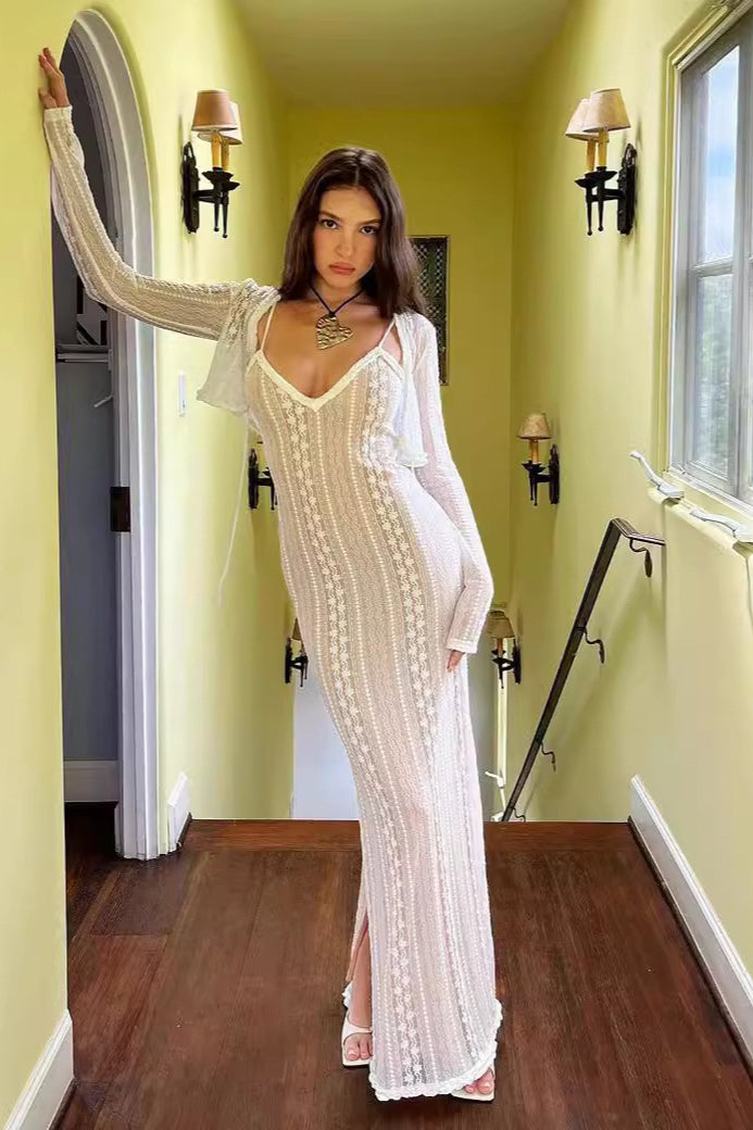 V Neck Long Sleeve Split Lace Dress - View 2