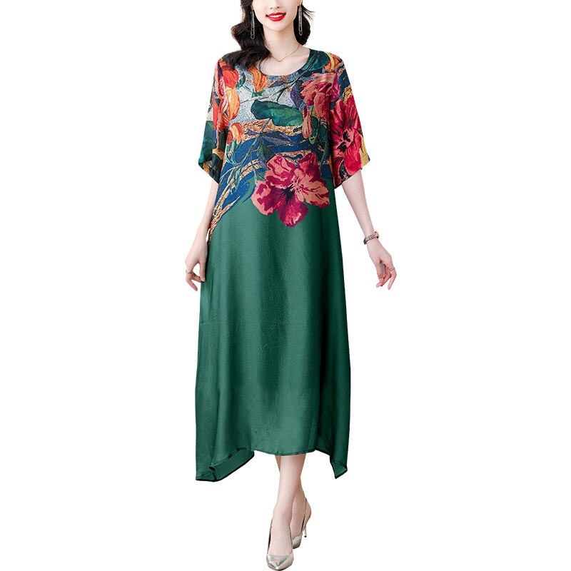 Floral Print Color Block Short Sleeve Loose Midi Dress - View 5