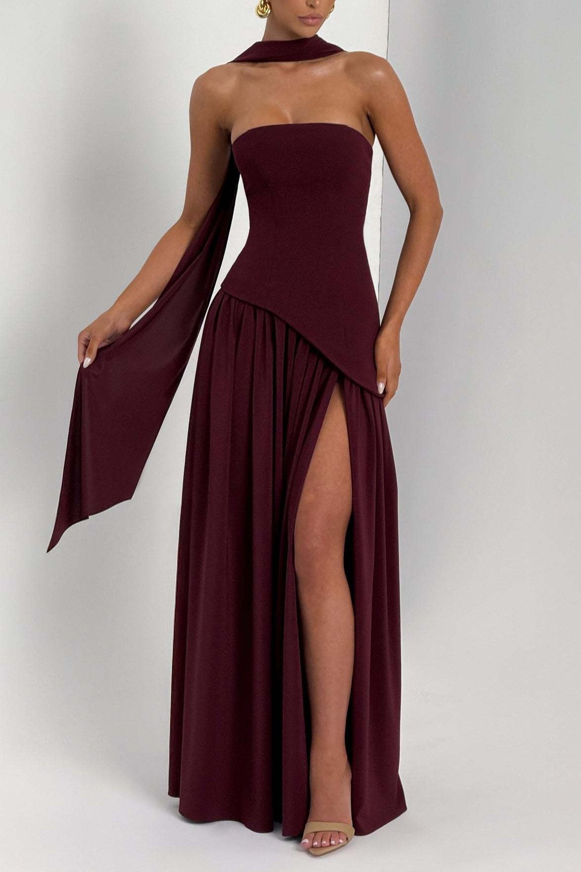 Strapless Scarf Neck High Split Draped Maxi Gown - View 21