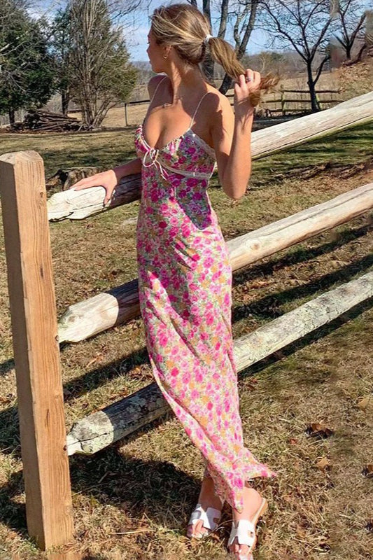 Floral Print Spaghetti Strap V-Neck Lace Trim Bodycon Maxi Dress - View 3