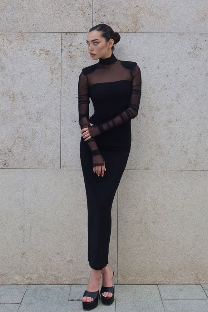 Mesh High Neck Long Sleeve Ruched Bodycon Midi Dress - View 5