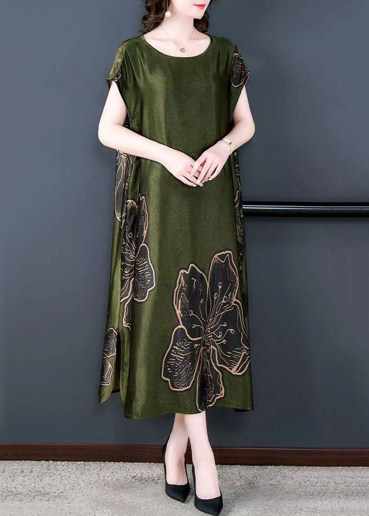 Floral Print Cap Sleeve Round Neck Side Slit Satin Midi Dress