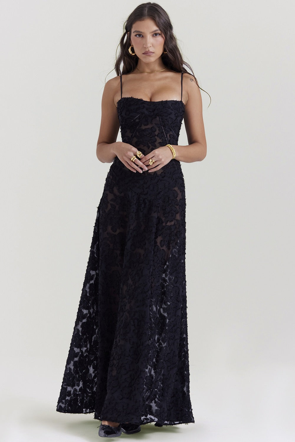 Lace Spaghetti Strap Corset Flowy Maxi Dress - View 2