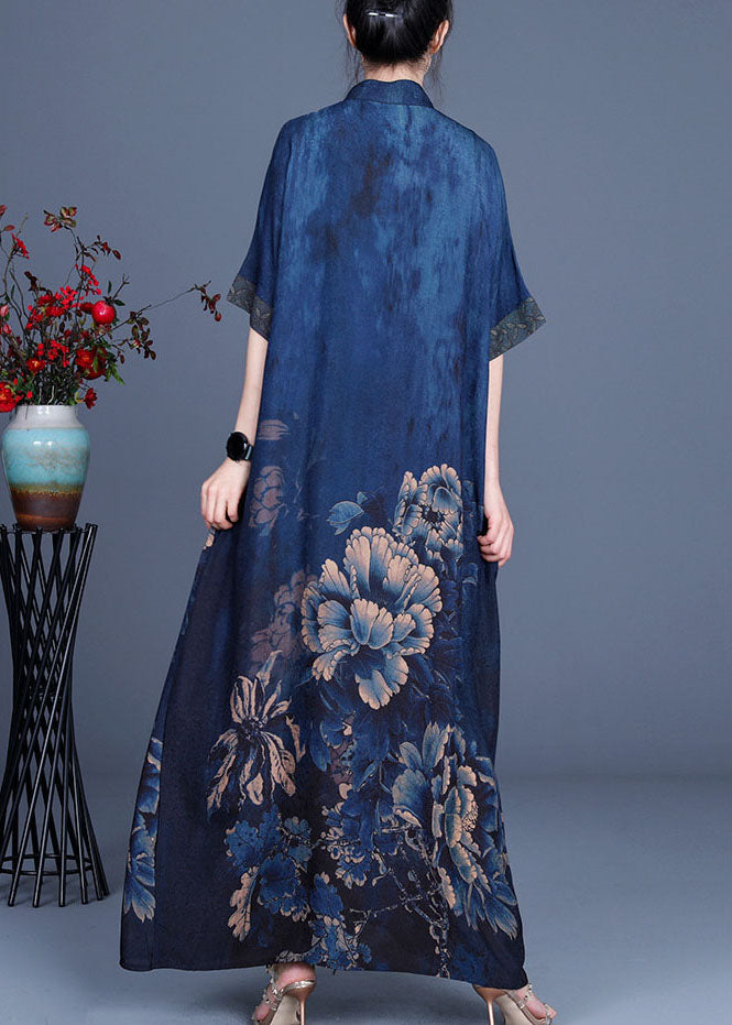 Floral Print Mandarin Collar Asymmetrical Button Short Sleeve Oversized Maxi Dress - View 3