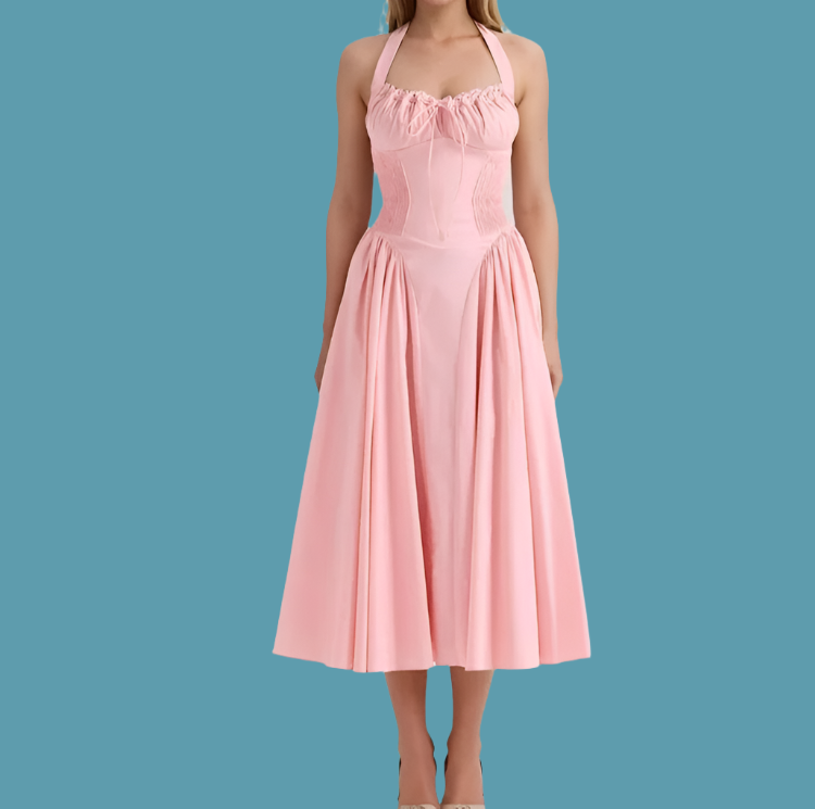 Halter Neck Corset Fit and Flare A-Line Midi Dress - View 5