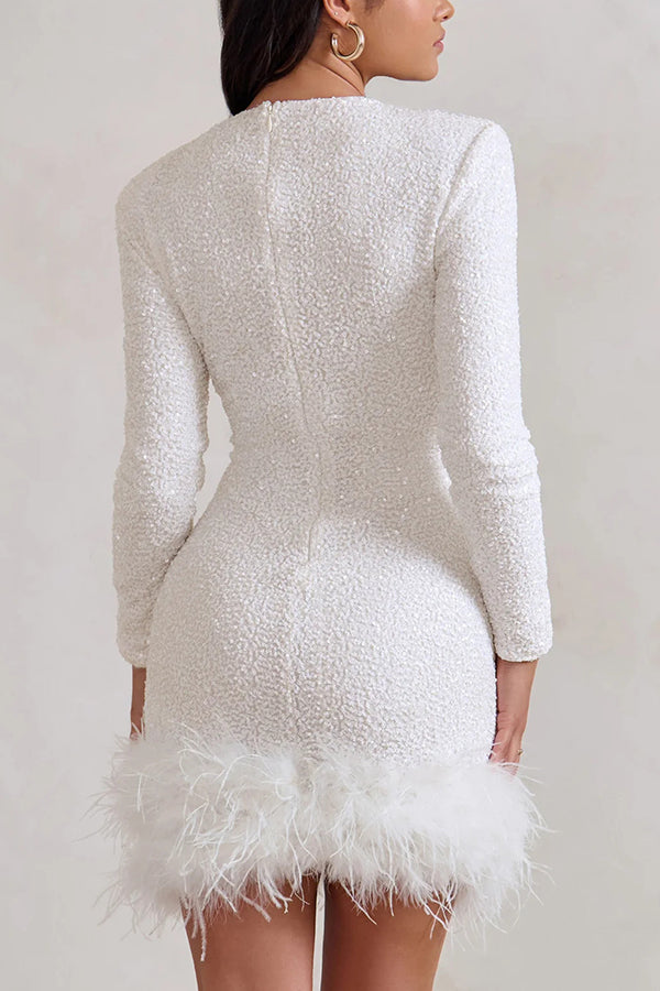 Sequin Long Sleeve Feather Trim Bodycon Mini Dress - View 9