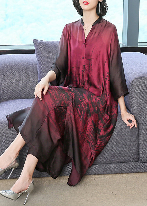 Abstract Print V-Neck Mandarin Collar Three-Quarter Midi Dress