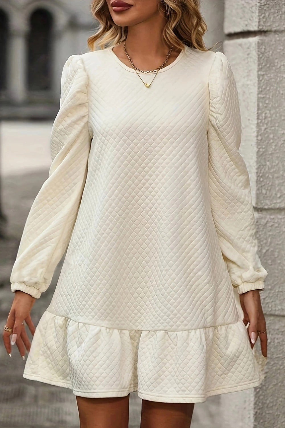 Ariana White Structured Grid Ruffle Hem Mini Dress - View 4