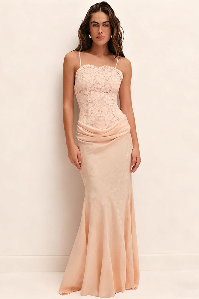 Lace Bustier Spaghetti Strap Satin Mermaid Dress - View 5