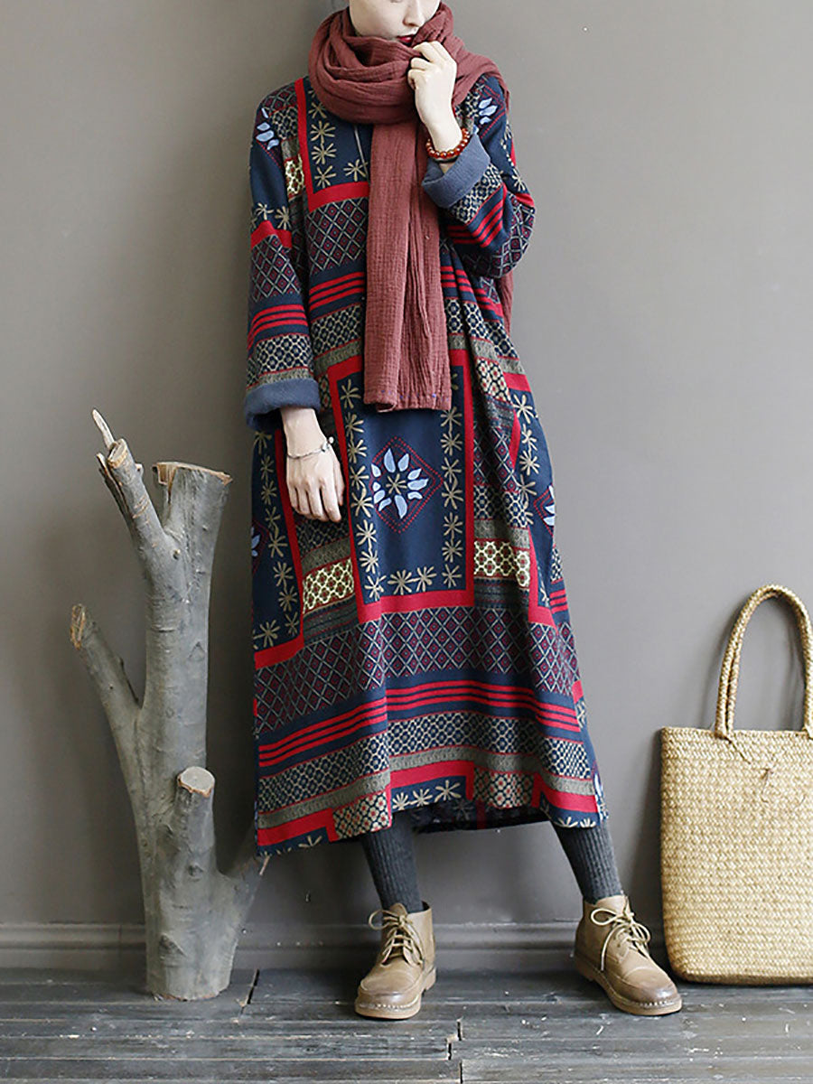 Folk Patchwork Print Long Sleeve Contrast Cuff Crew Neck Maxi Dress