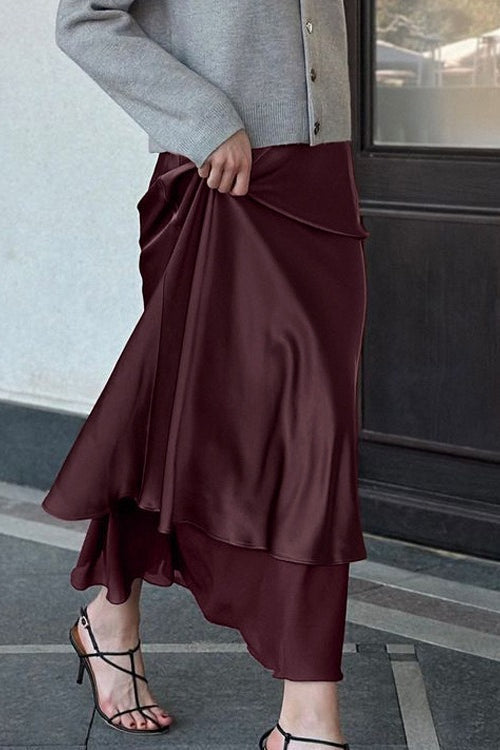 Satin Mesh Panel Double Layer Maxi Skirt