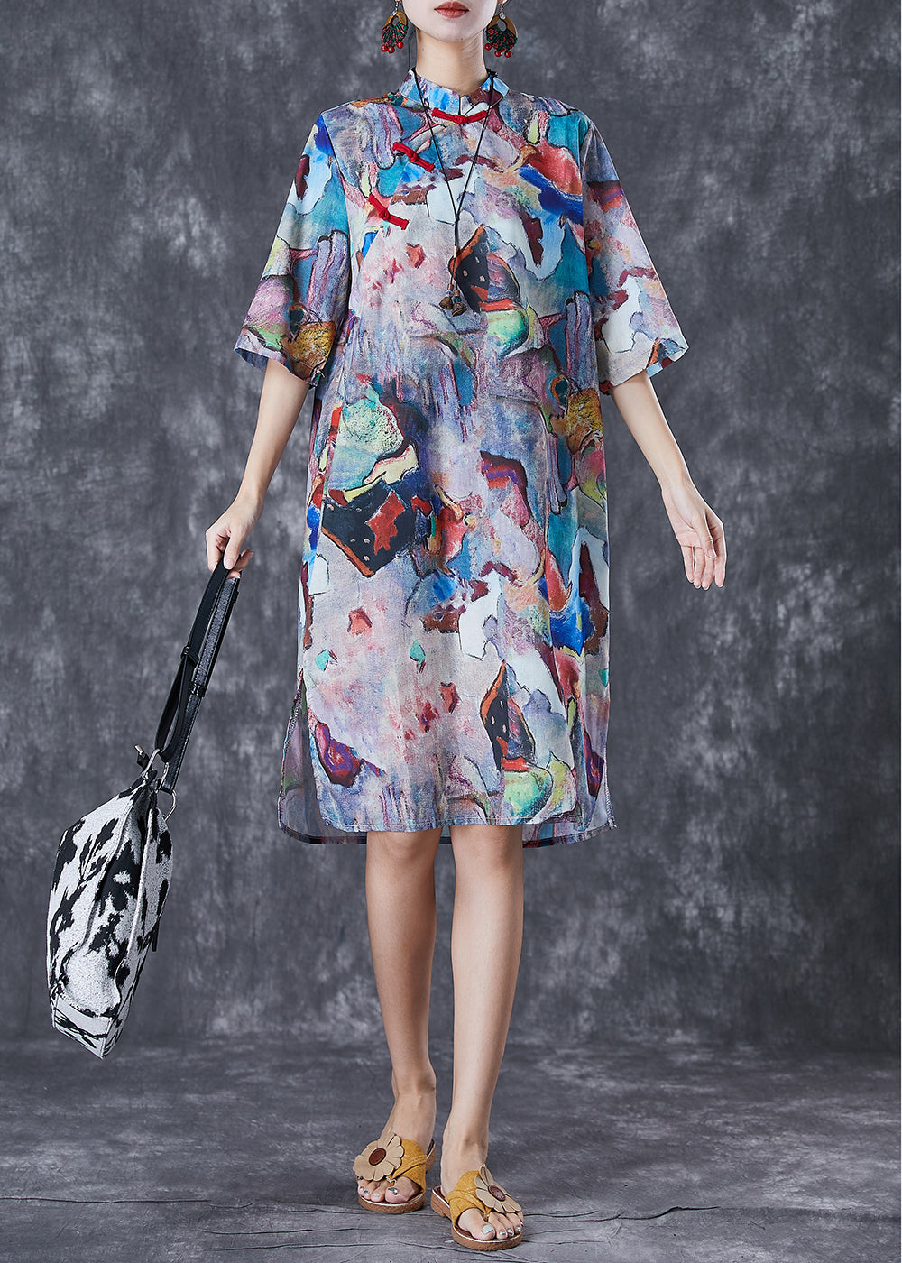 Abstract Print Mandarin Collar Frog Button Shift Dress