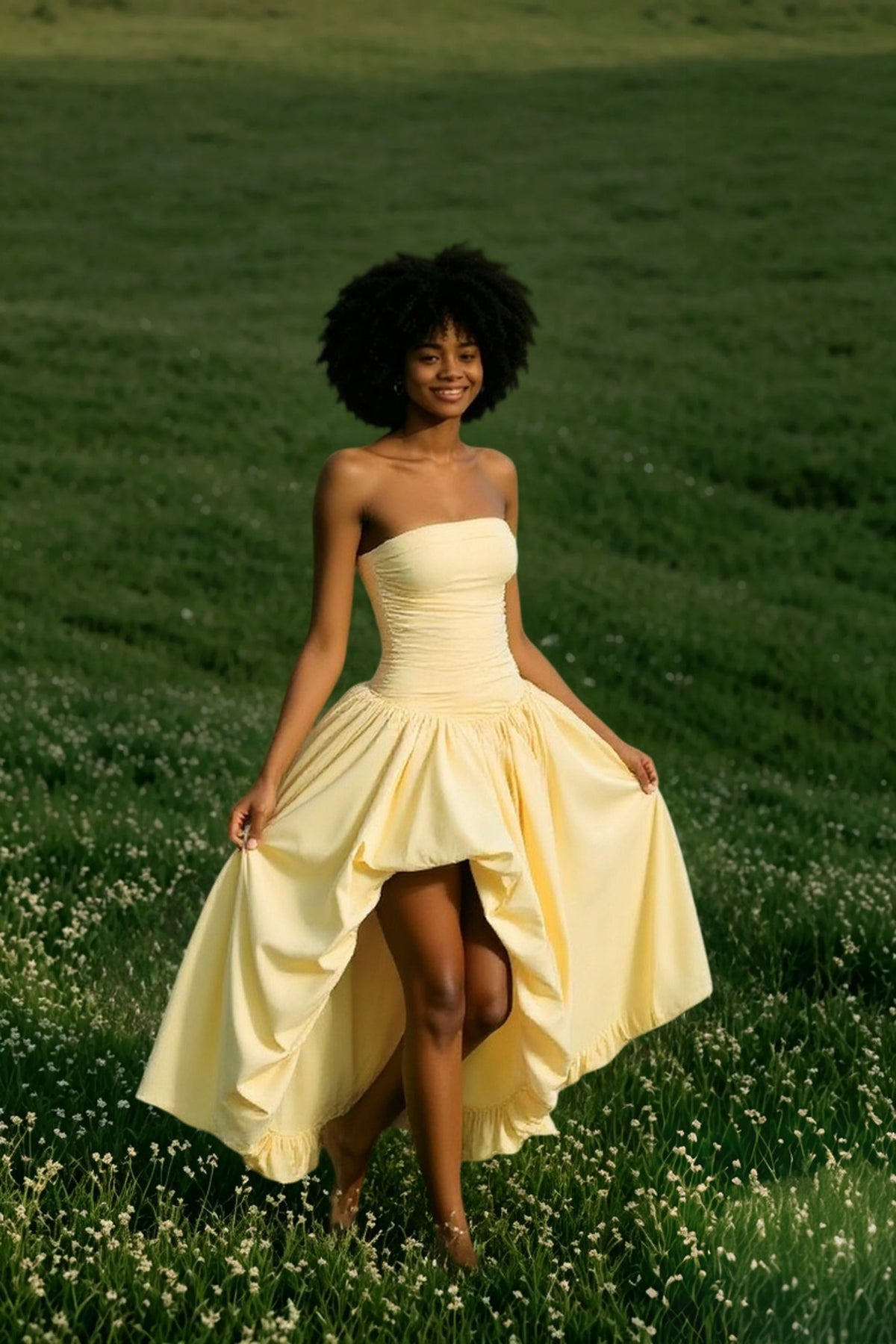 Strapless Ruched Drop Waist High Low Maxi Dress 2