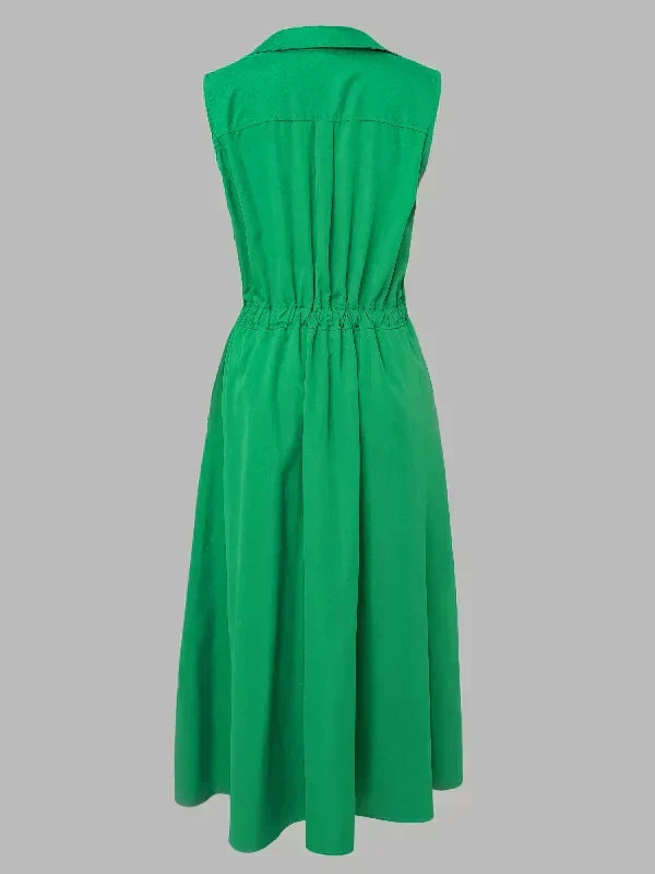 Stand Collar Deep V-Neck Sleeveless Pocket A-Line Midi Dress - View 15