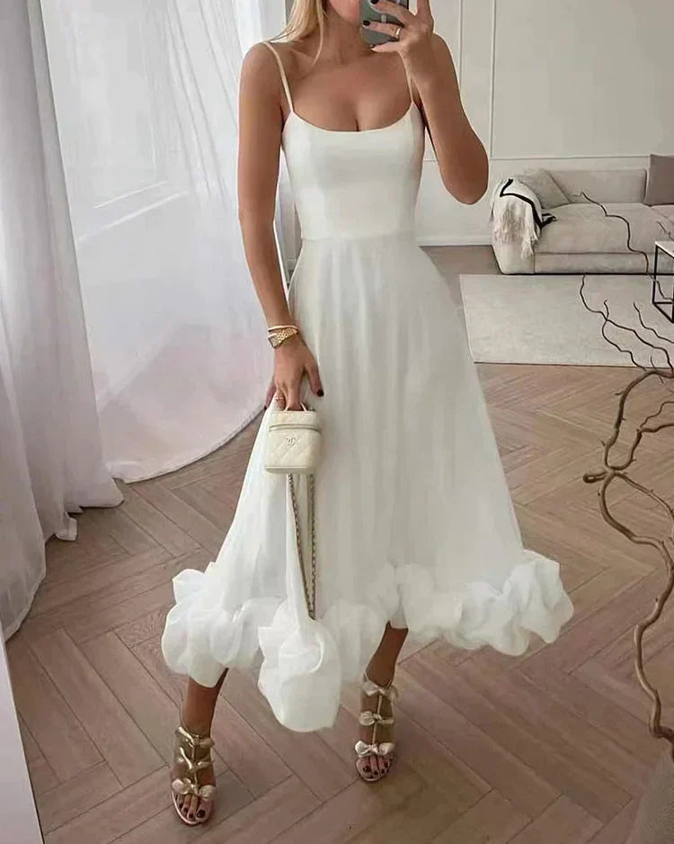 Spaghetti Strap Scoop Neck Puff Ruffle Hem A-Line Maxi Gown - View 2