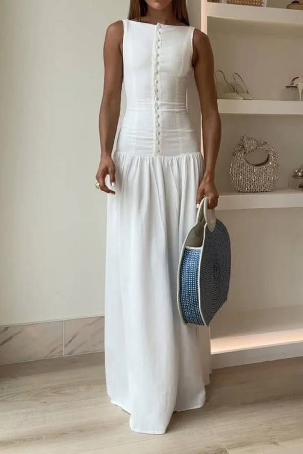 Sleeveless Boat Neck Button Down Drop Waist Gathered Maxi Dress - View 2