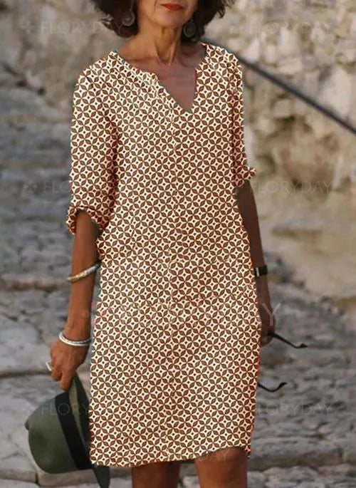 Geometric Print Notched V-Neck Three Quarter Sleeve Shift Knee Dress - View 4