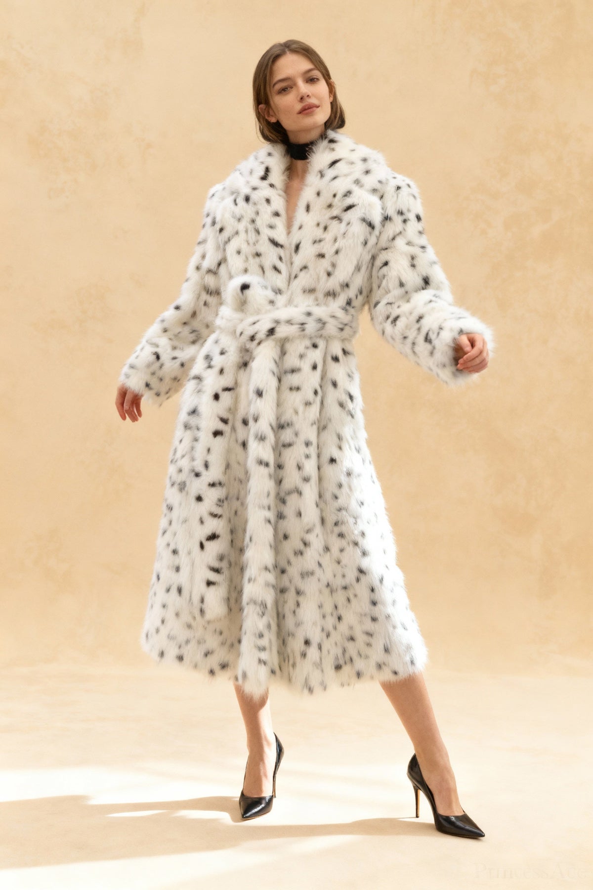 Leopard Print Warm Faux Fox Fur Notched Collar Loose