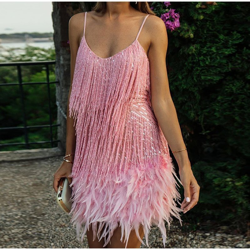 Sequin Feather Fringe Spaghetti Strap Bodycon Mini Dress - View 10