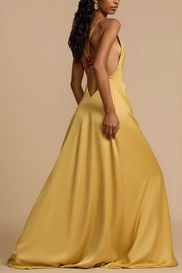 Satin Deep V Backless Maxi  Silk Dress - View 2