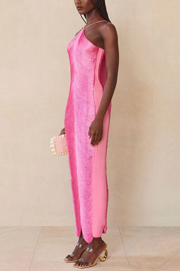 Sexy Allnight Metallic Halterneck Backless Fringed Slit Maxi Dress - View 21