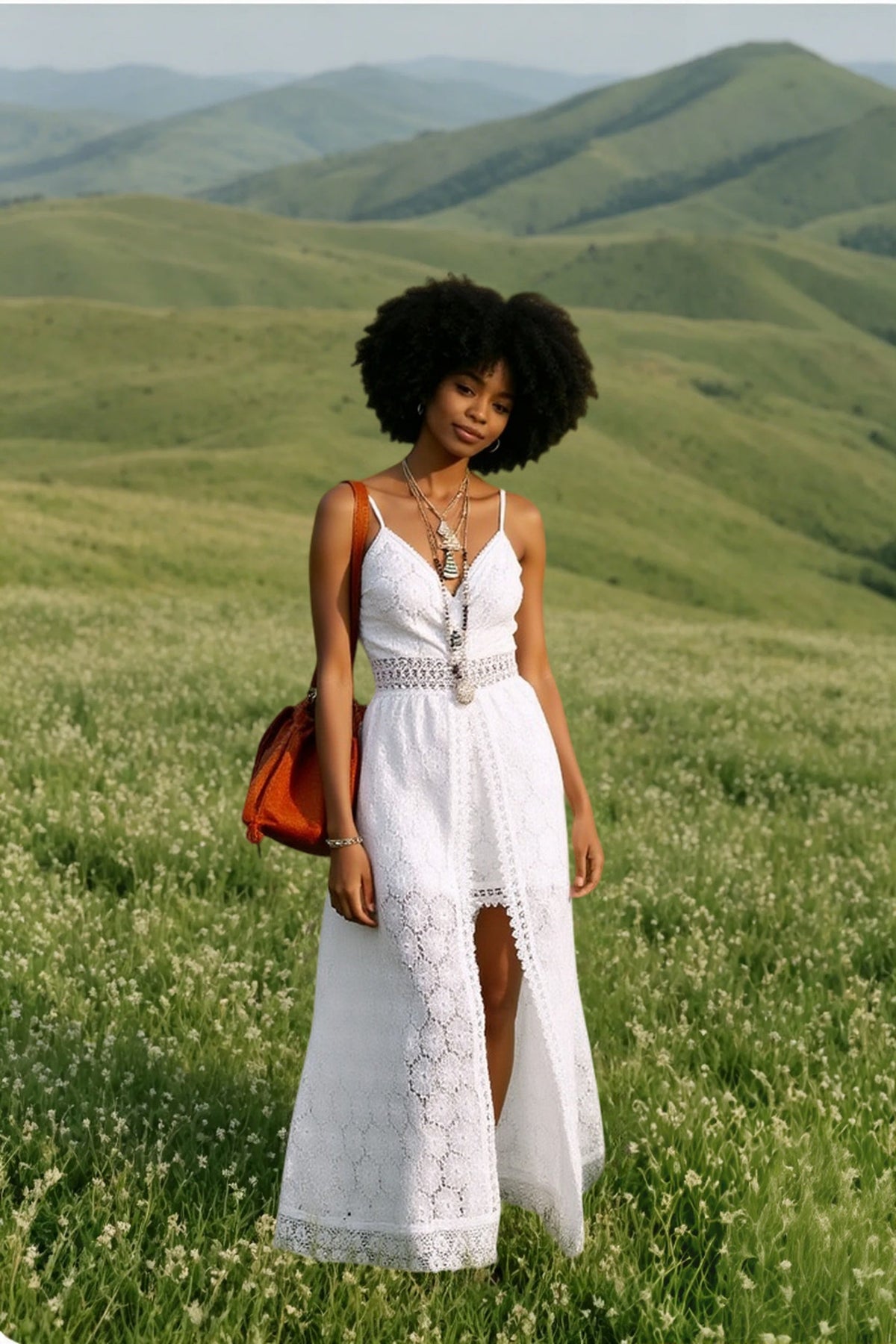 Lace V-Neck Spaghetti Strap Crochet Trim High Split Maxi Dress