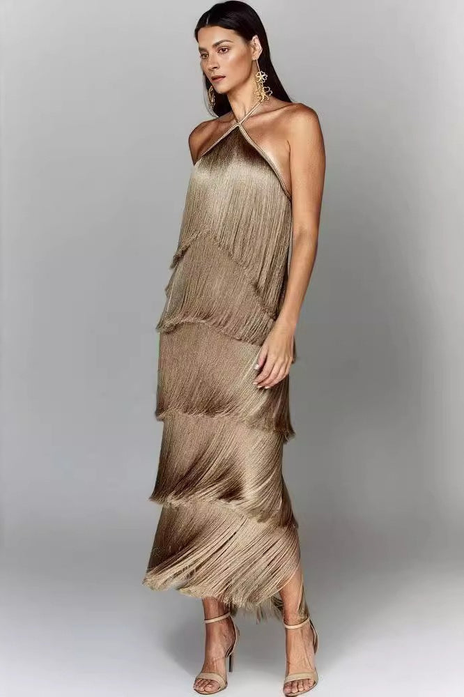 Chic Halter Fringe Backless Slit Cocktail Dress in Khaki - View 2