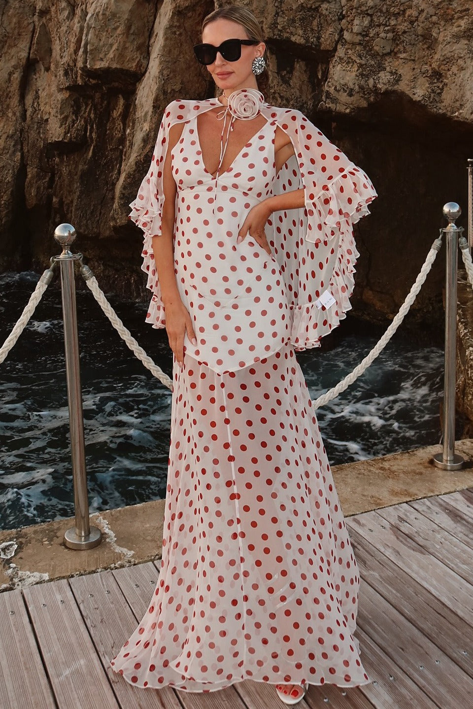 Polka Dot V-Neck Sheer Maxi Dress in White - View 2