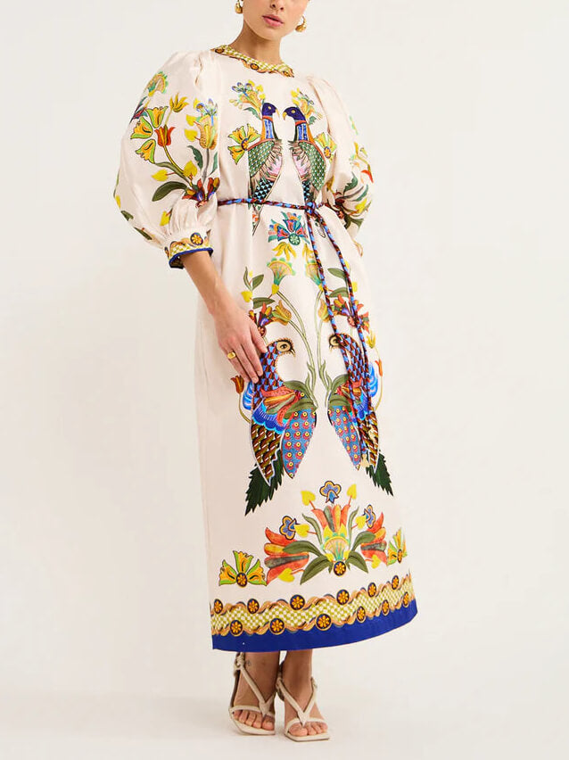 Exquisite And Fun Printed Puff Trendy Sleeves Loose Midi