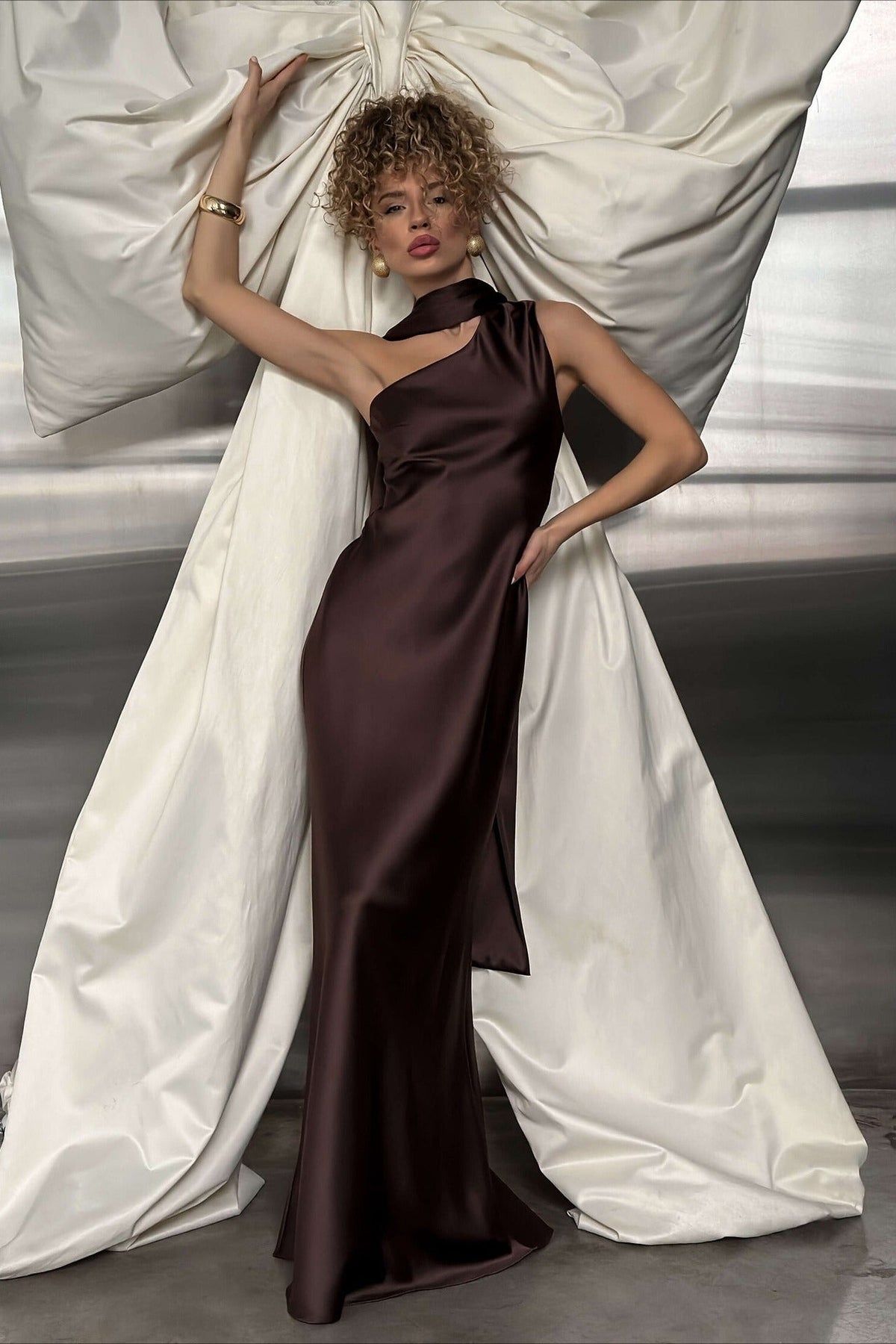 Satin Mock Neck Sash Tie Sleeveless Column Maxi Gown - View 6