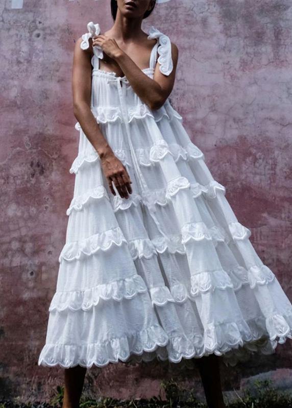 Spaghetti Strap Tiered Ruffle Scallop Embroidered Low Back Maxi Dress - View 6